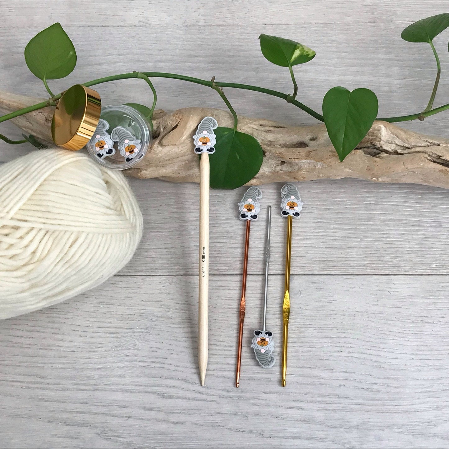 AUTUMN PUMPKIN GNOME, set of 2 knitting needle stitch stoppers / crochet hook accessory, For knitter + crocheter, Grey elf + Jack-o-lantern