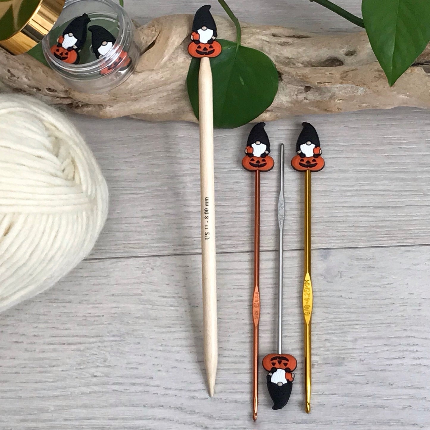 WITCH PUMPKIN GNOME, set of 2 knitting needle stitch stoppers / crochet hook accessory, For knitter + crocheter, Autumn elf + Jack-o-lantern