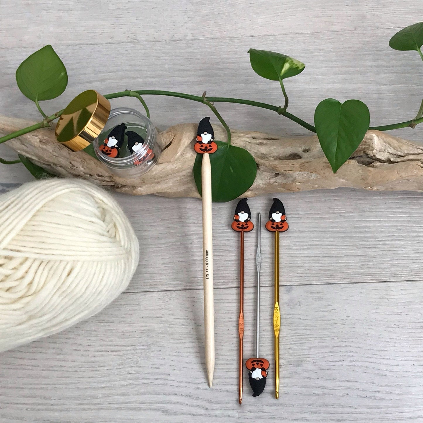WITCH PUMPKIN GNOME, set of 2 knitting needle stitch stoppers / crochet hook accessory, For knitter + crocheter, Autumn elf + Jack-o-lantern