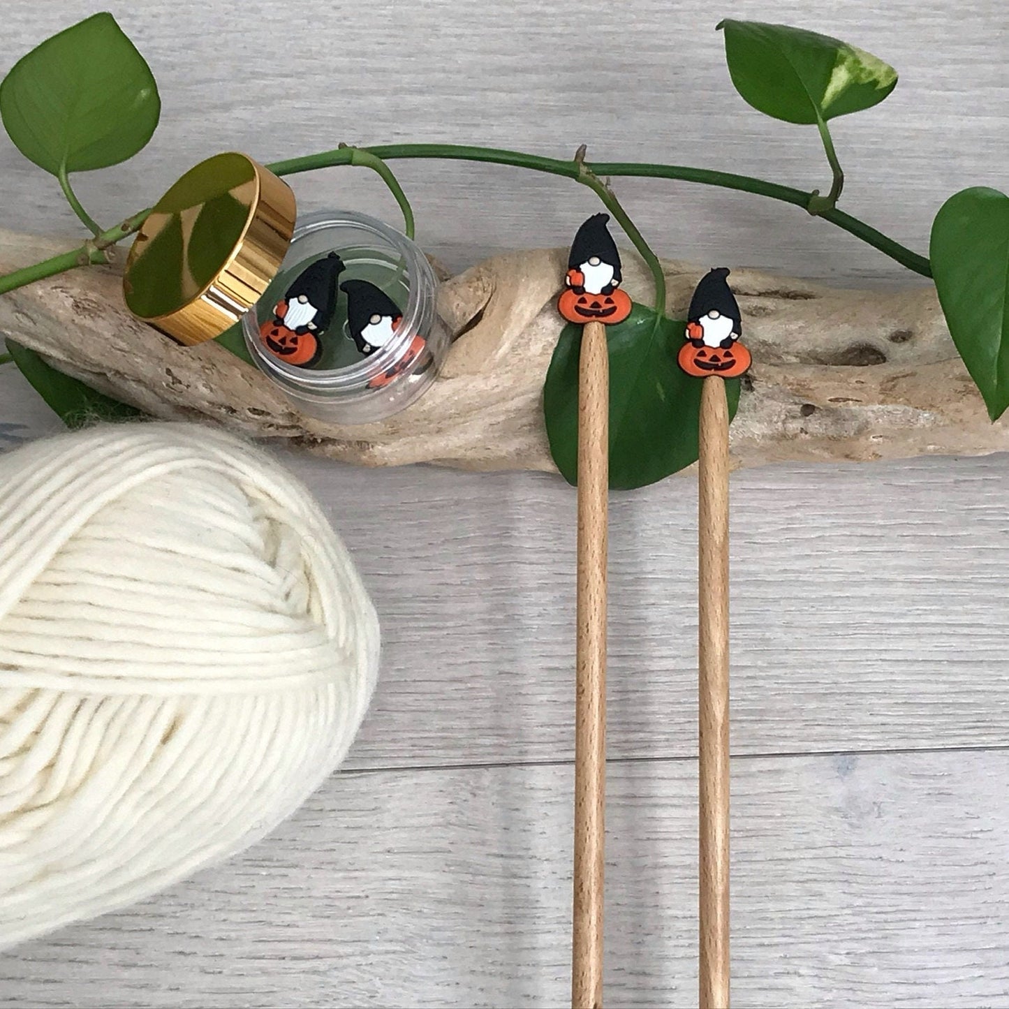 WITCH PUMPKIN GNOME, set of 2 knitting needle stitch stoppers / crochet hook accessory, For knitter + crocheter, Autumn elf + Jack-o-lantern