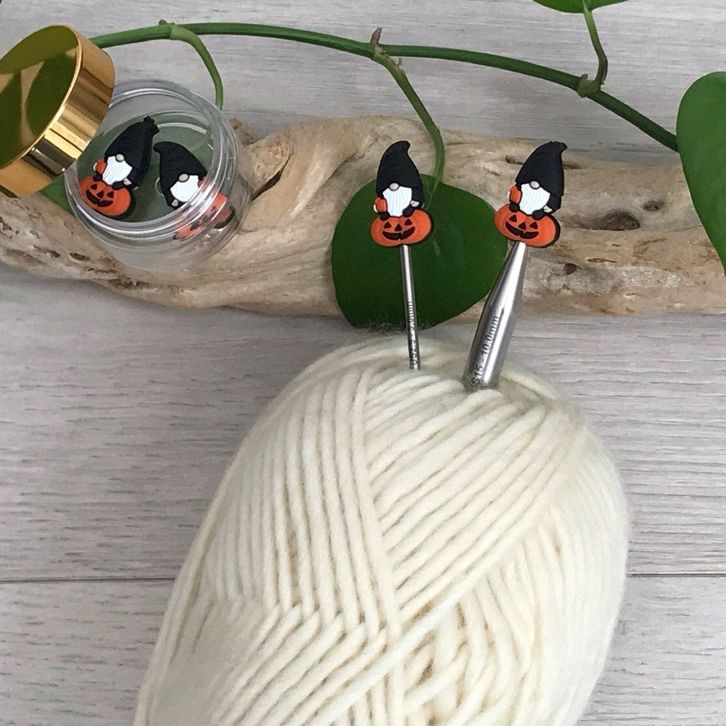 WITCH PUMPKIN GNOME, set of 2 knitting needle stitch stoppers / crochet hook accessory, For knitter + crocheter, Autumn elf + Jack-o-lantern