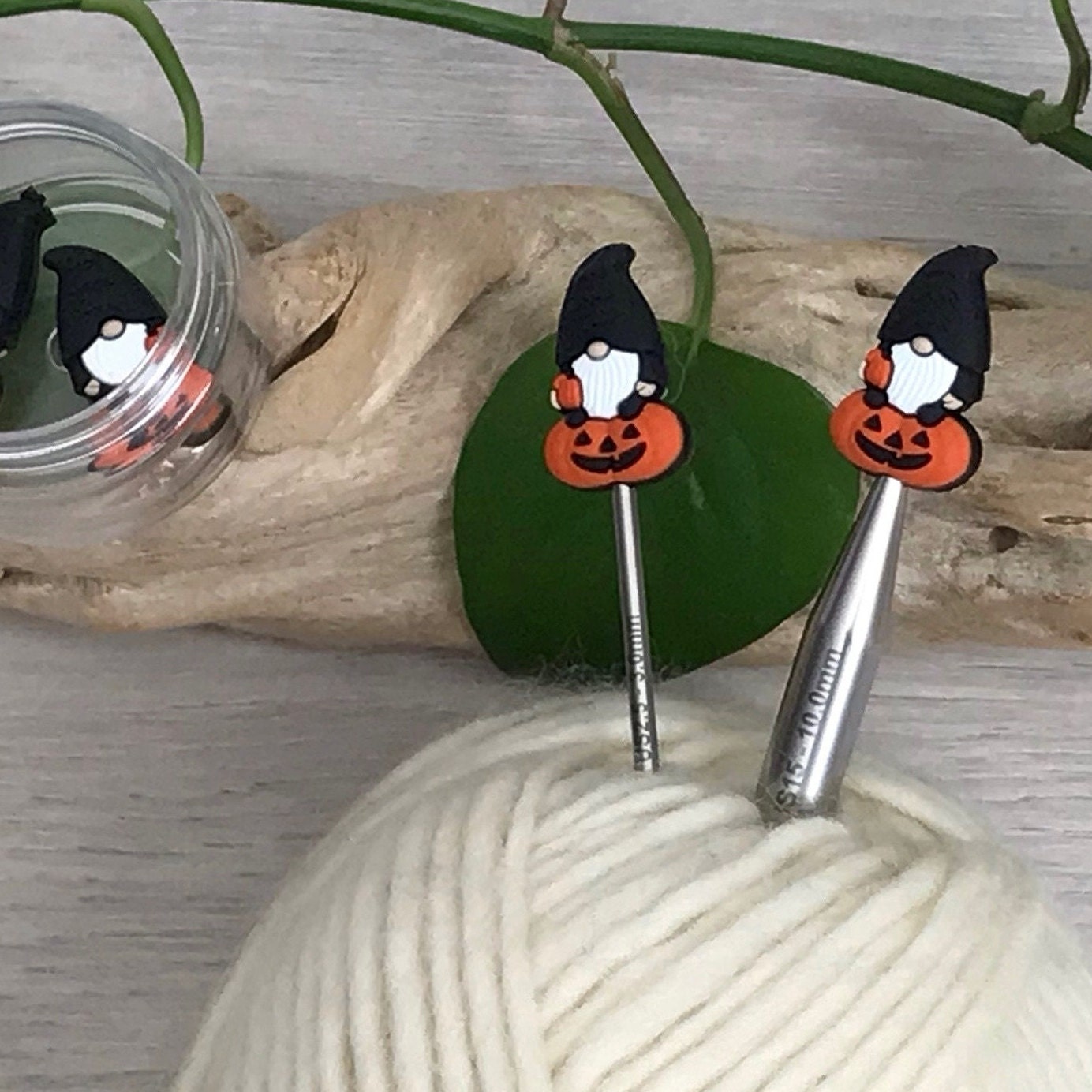 WITCH PUMPKIN GNOME, set of 2 knitting needle stitch stoppers / crochet hook accessory, For knitter + crocheter, Autumn elf + Jack-o-lantern