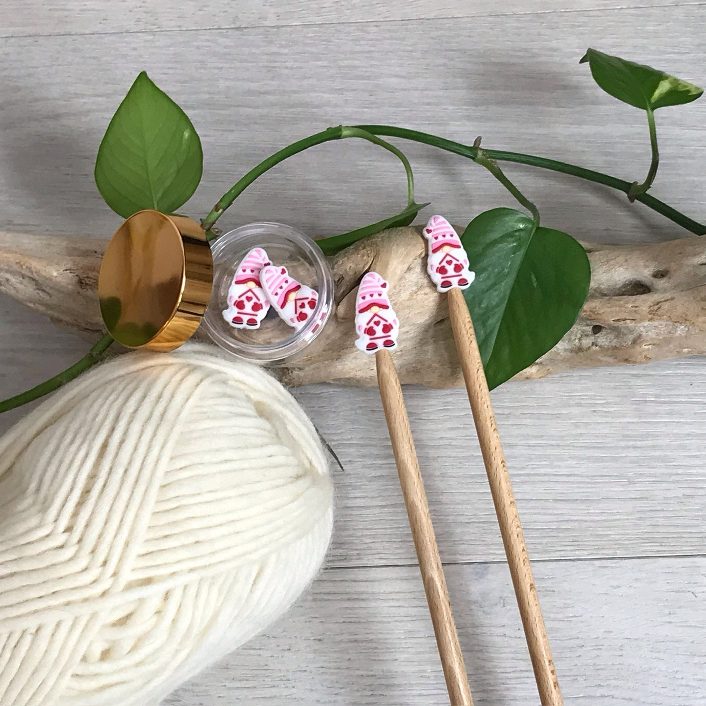 HEALTHY HEART GNOME, set of 2 knitting needle stitch stoppers/ crochet hook accessory, For knitter + crocheter, Love Womens Healthy Heart