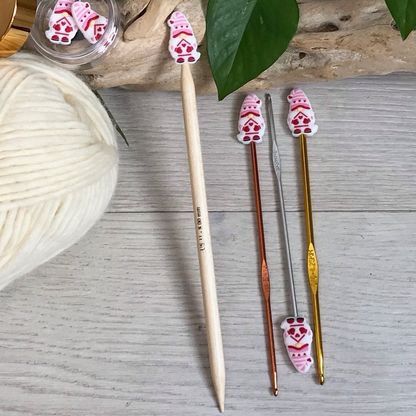 HEALTHY HEART GNOME, set of 2 knitting needle stitch stoppers/ crochet hook accessory, For knitter + crocheter, Love Womens Healthy Heart
