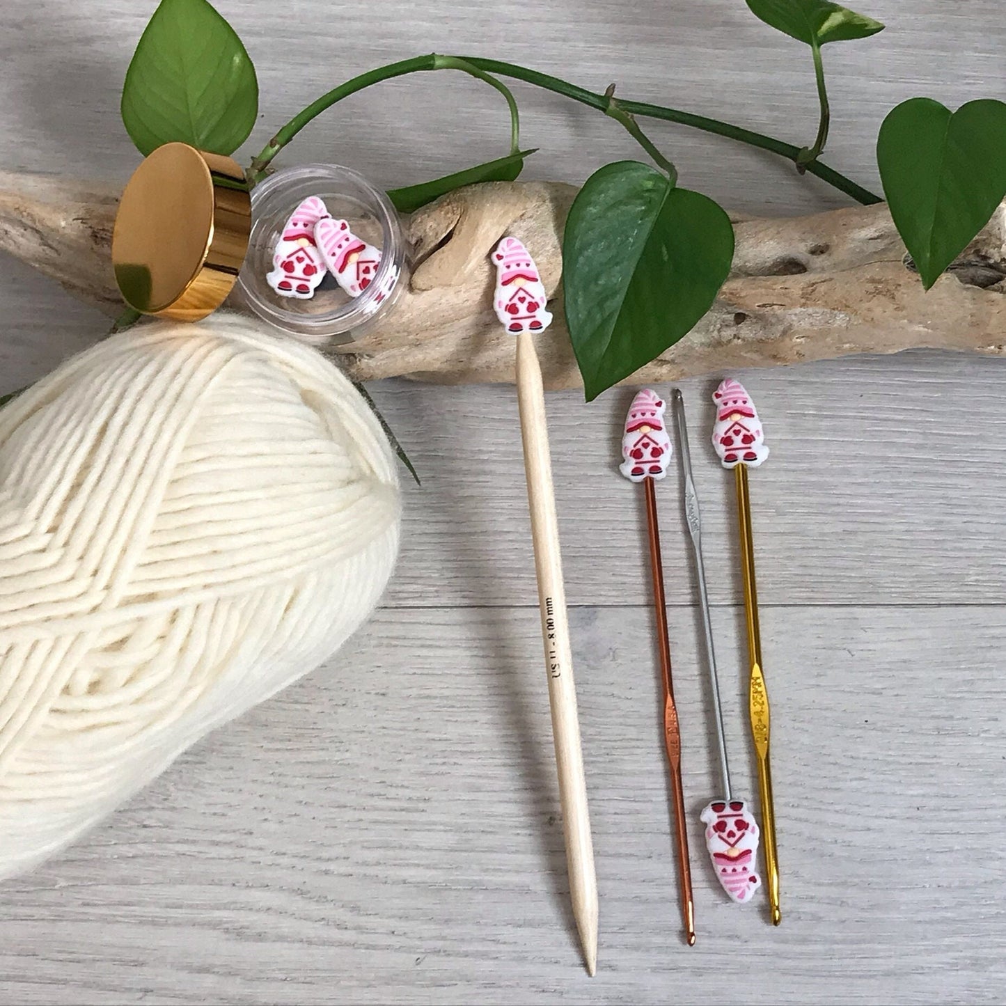 HEALTHY HEART GNOME, set of 2 knitting needle stitch stoppers/ crochet hook accessory, For knitter + crocheter, Love Womens Healthy Heart