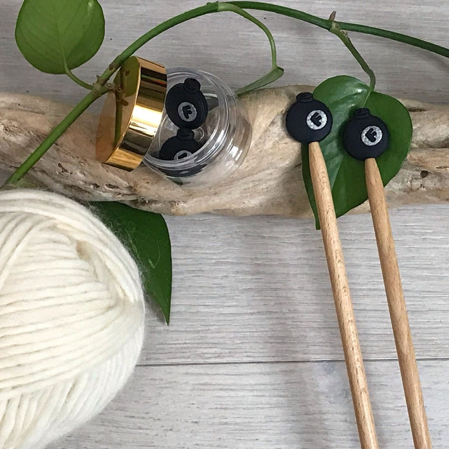 DONT DROP THE F Bomb, set of 2 funny knitting needle stitch stoppers/ crochet hook accessory, For knitter + crocheter, pun loving knitter