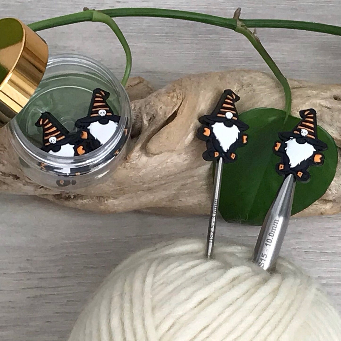 HALLOWEEN SKULL GNOME, set of 2 knitting needle stitch stoppers/ crochet hook accessory, For knitter + crocheter, Scary Gnome