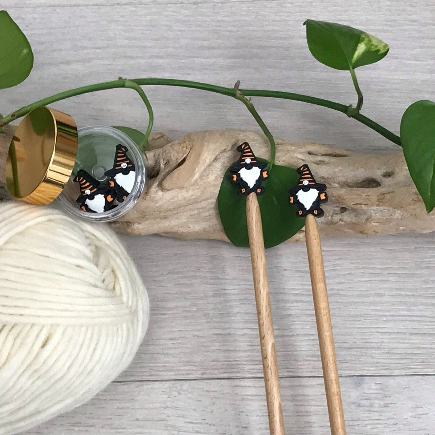 HALLOWEEN SKULL GNOME, set of 2 knitting needle stitch stoppers/ crochet hook accessory, For knitter + crocheter, Scary Gnome