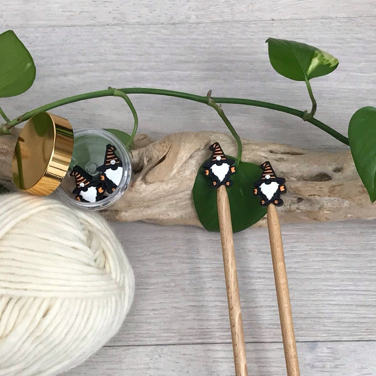 HALLOWEEN SKULL GNOME, set of 2 knitting needle stitch stoppers/ crochet hook accessory, For knitter + crocheter, Scary Gnome