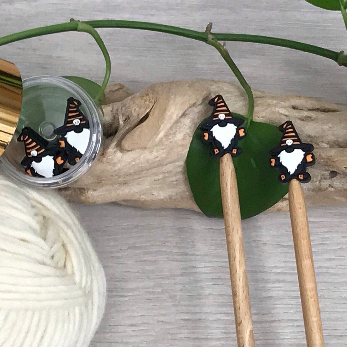 HALLOWEEN SKULL GNOME, set of 2 knitting needle stitch stoppers/ crochet hook accessory, For knitter + crocheter, Scary Gnome