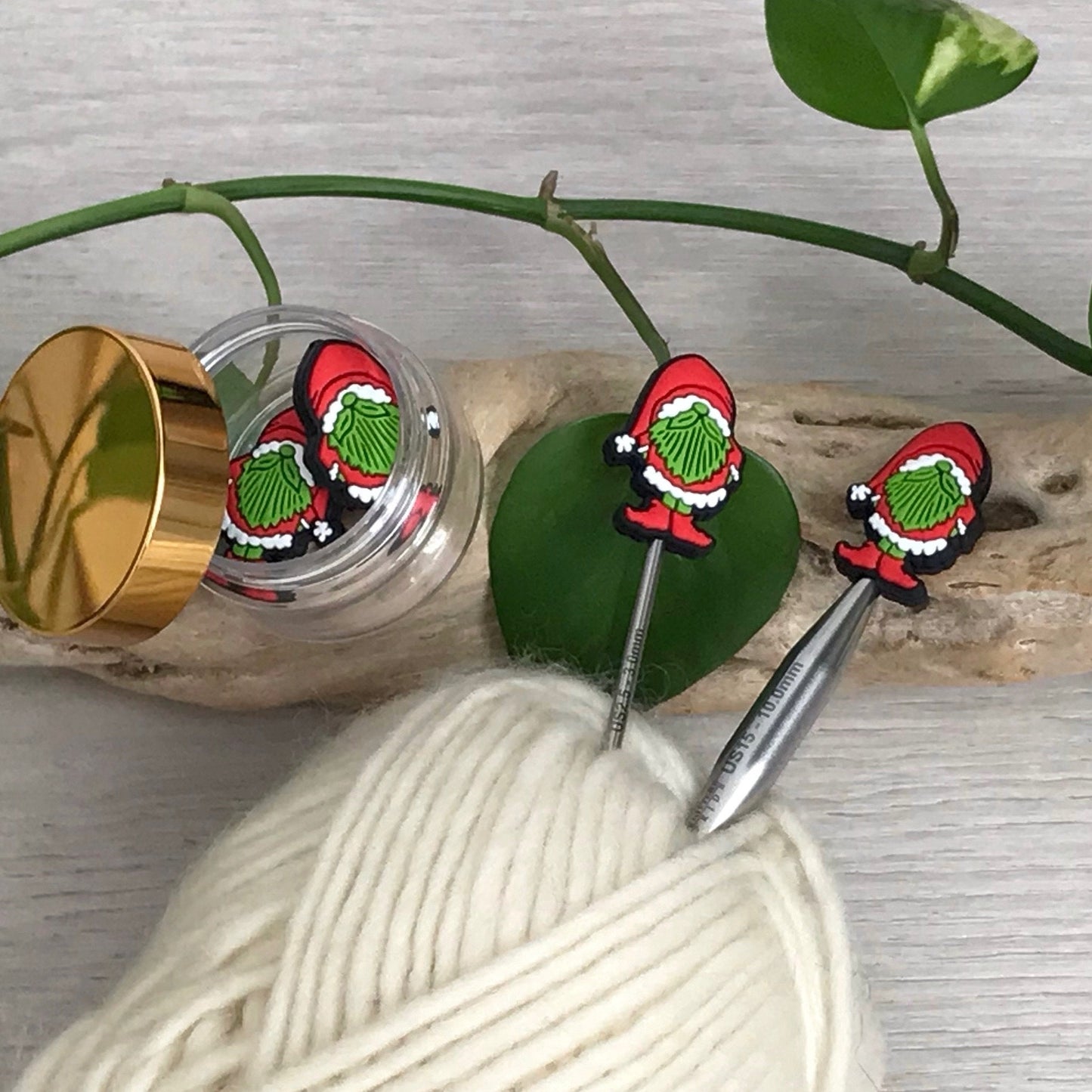 SANTA CHRISTMAS GNOME, set of 2 knitting needle stitch stoppers / crochet hook accessory, For knitter + crocheter, Festive elf + Santa hat