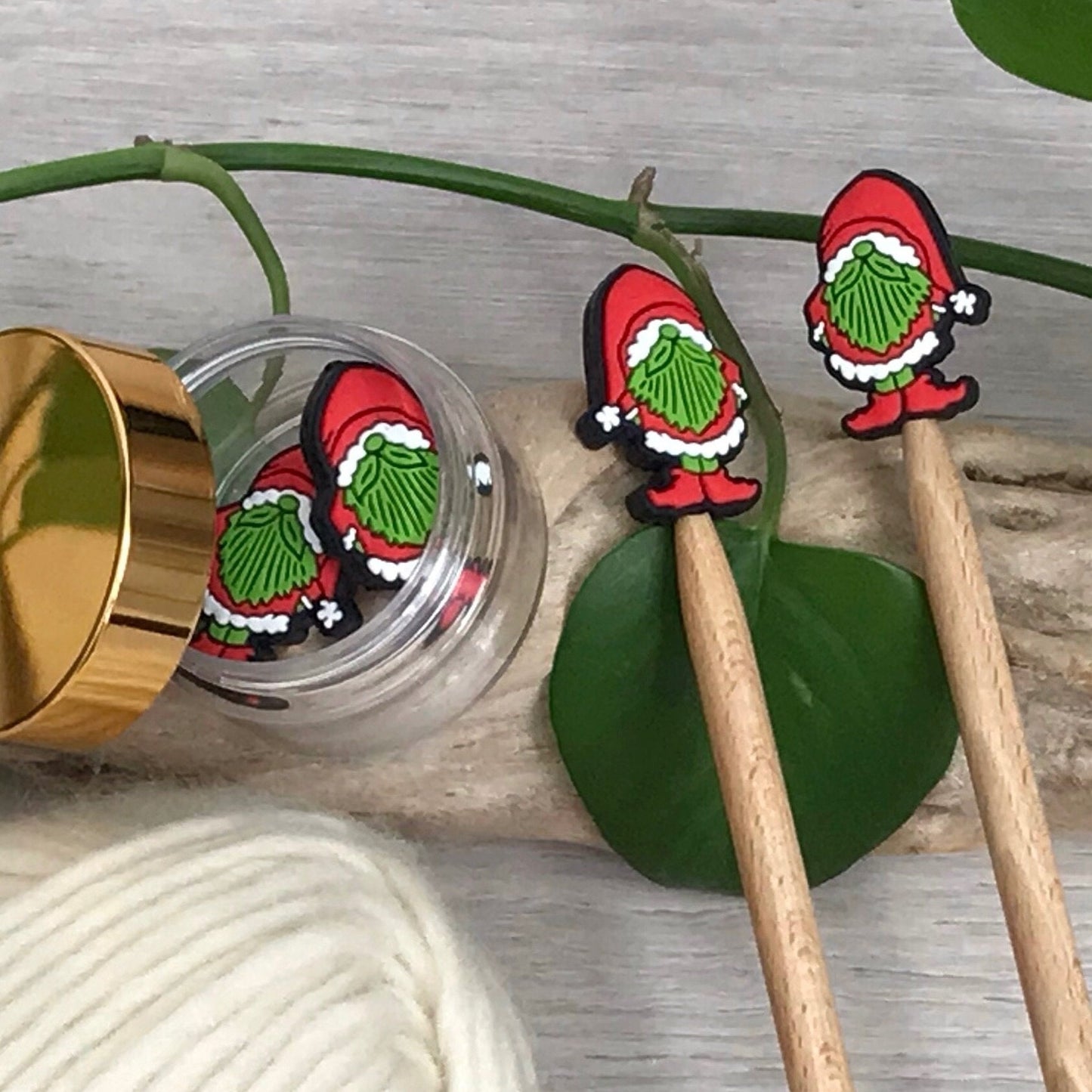 SANTA CHRISTMAS GNOME, set of 2 knitting needle stitch stoppers / crochet hook accessory, For knitter + crocheter, Festive elf + Santa hat