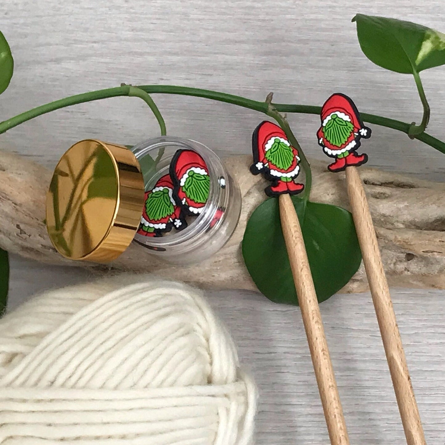 SANTA CHRISTMAS GNOME, set of 2 knitting needle stitch stoppers / crochet hook accessory, For knitter + crocheter, Festive elf + Santa hat