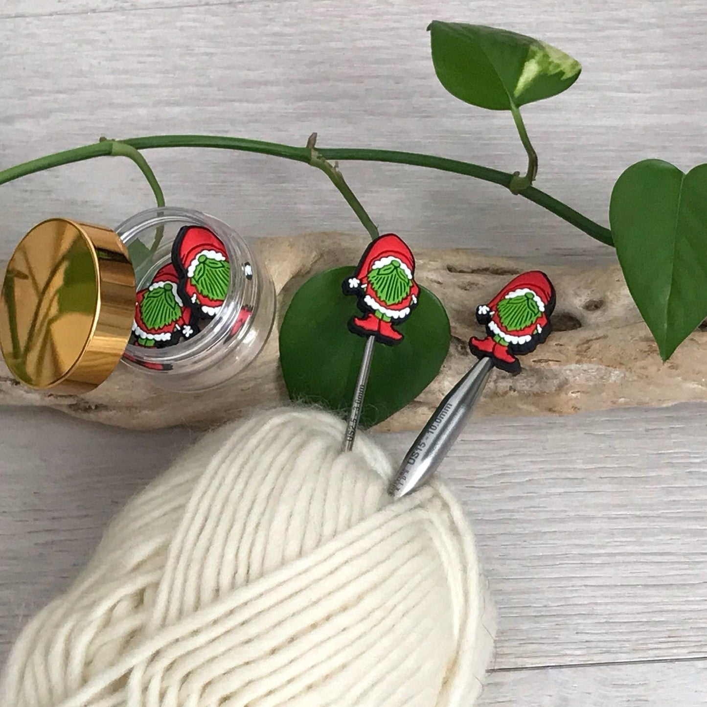 SANTA CHRISTMAS GNOME, set of 2 knitting needle stitch stoppers / crochet hook accessory, For knitter + crocheter, Festive elf + Santa hat