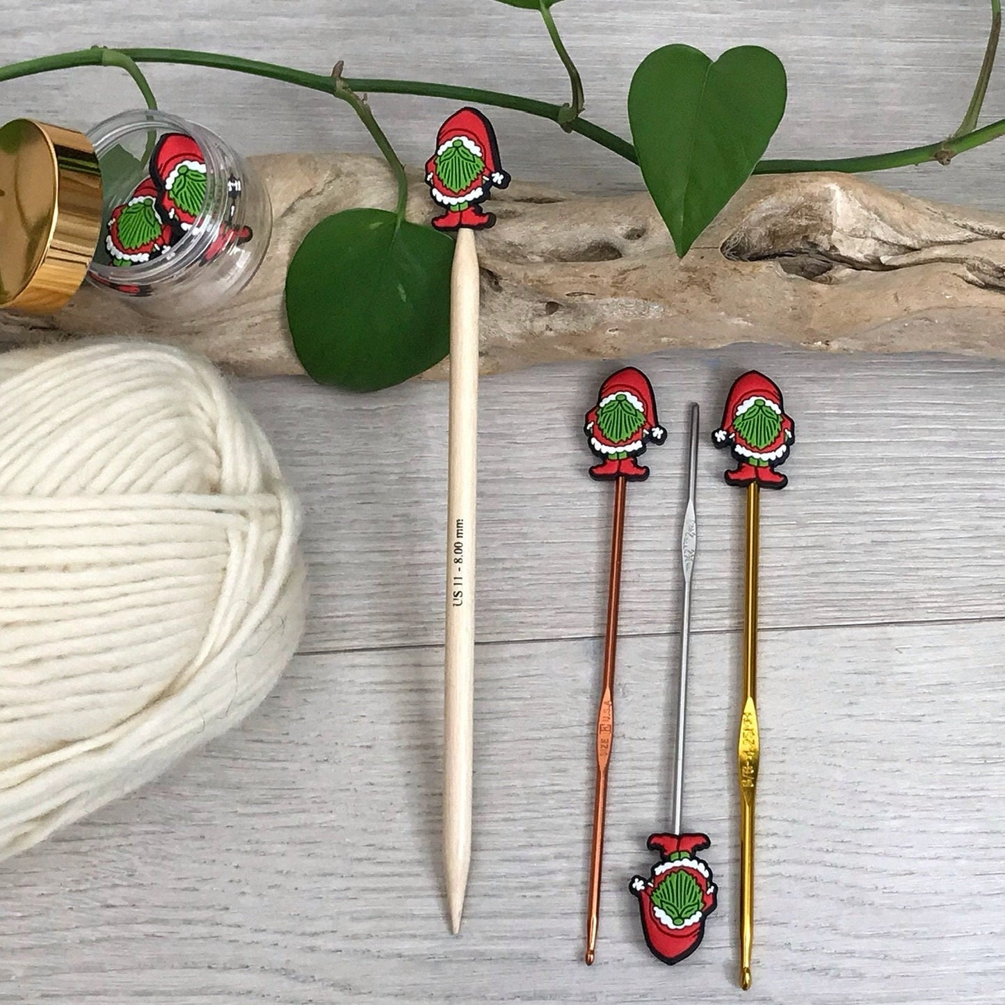 SANTA CHRISTMAS GNOME, set of 2 knitting needle stitch stoppers / crochet hook accessory, For knitter + crocheter, Festive elf + Santa hat