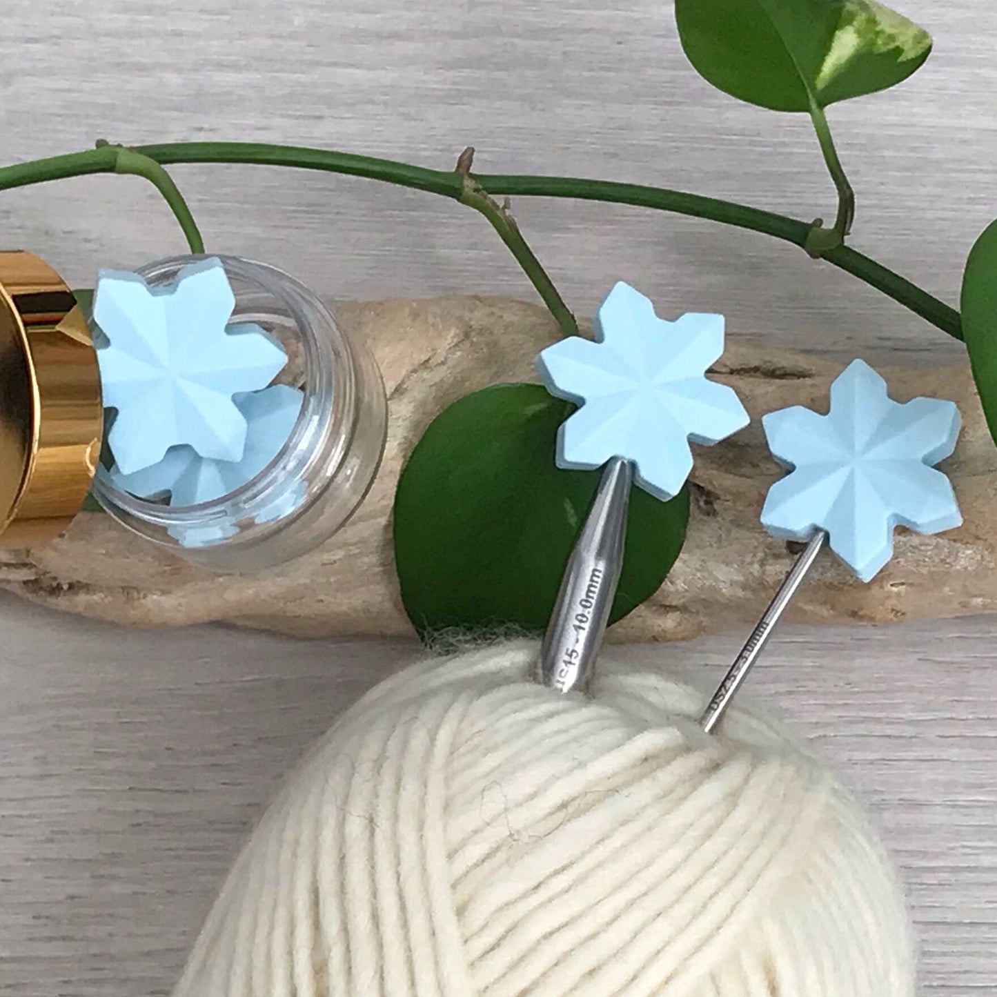 LET IT SNOW! Snow White, Ice Blue Set of 2 knitting needle stitch stoppers / crochet hook accessory, For knitter + crocheter, Winter Wonder