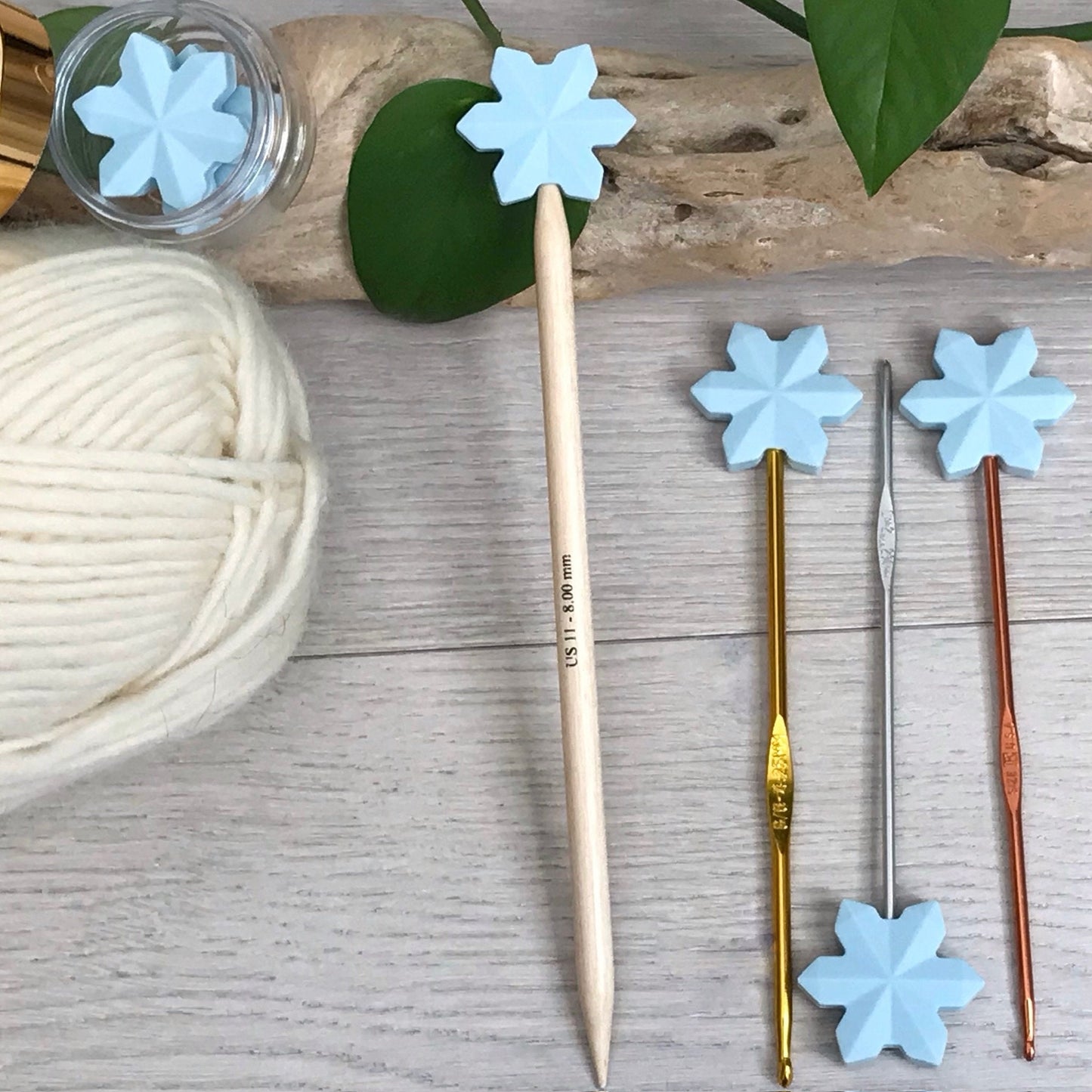 LET IT SNOW! Snow White, Ice Blue Set of 2 knitting needle stitch stoppers / crochet hook accessory, For knitter + crocheter, Winter Wonder