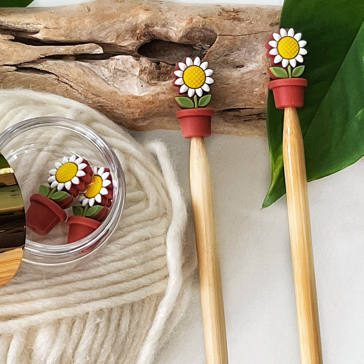 SUNFLOWER in a POT Stitch STOPPERS, set of 2, choice of 3 colors, Fun Gifts for Knitters + crocheters, stops dropped stitches