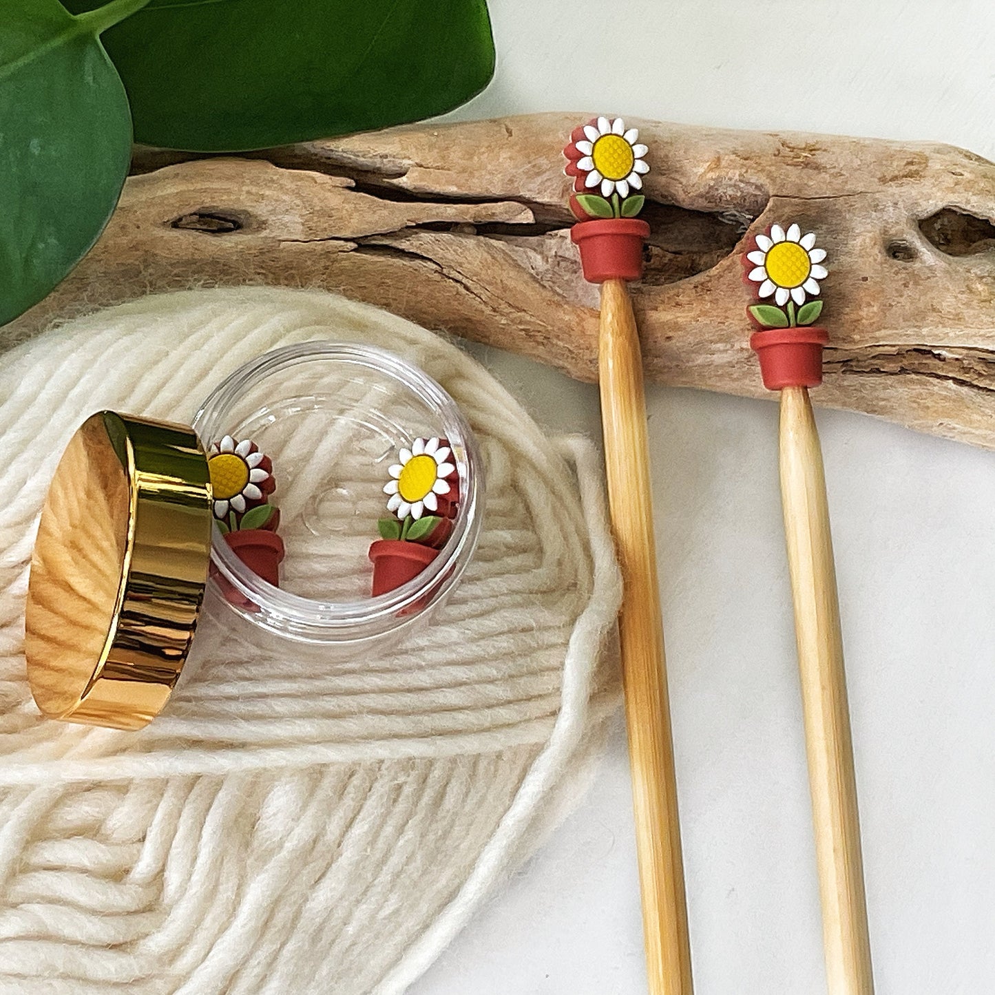 SUNFLOWER in a POT Stitch STOPPERS, set of 2, choice of 3 colors, Fun Gifts for Knitters + crocheters, stops dropped stitches