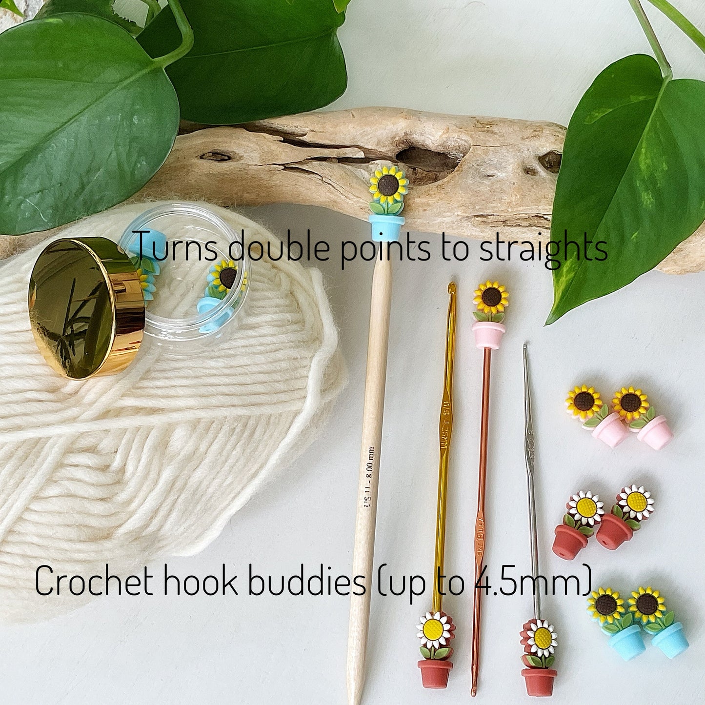 SUNFLOWER in a POT Stitch STOPPERS, set of 2, choice of 3 colors, Fun Gifts for Knitters + crocheters, stops dropped stitches