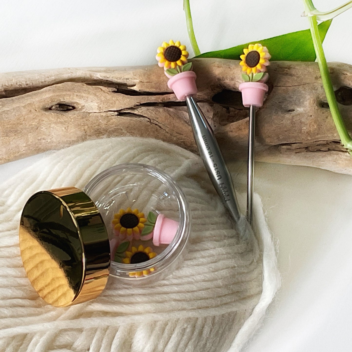 SUNFLOWER in a POT Stitch STOPPERS, set of 2, choice of 3 colors, Fun Gifts for Knitters + crocheters, stops dropped stitches