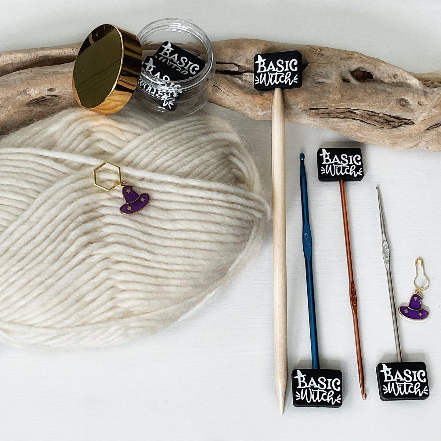 BASIC WITCH stitch stoppers + Witch Hat stitch marker, Magic for Halloween or any time, Fun for Knitters or crocheters, keeps stitches safe
