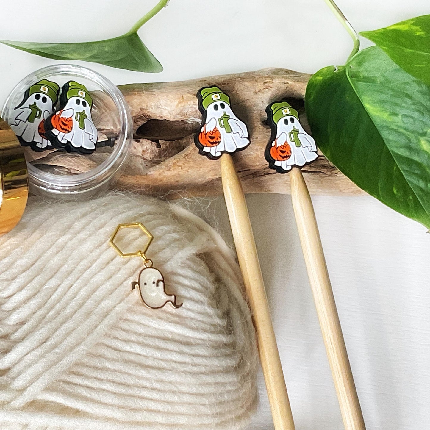 TRICK or TREAT GHOST stitch stoppers + ghost stitch marker, Magic 4 Halloween or any time, Fun for Knitters + crocheters, keep stitches safe