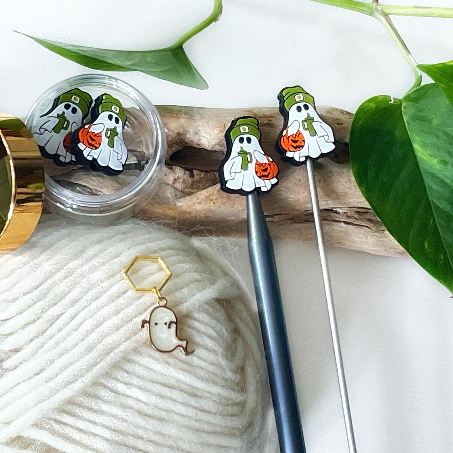TRICK or TREAT GHOST stitch stoppers + ghost stitch marker, Magic 4 Halloween or any time, Fun for Knitters + crocheters, keep stitches safe
