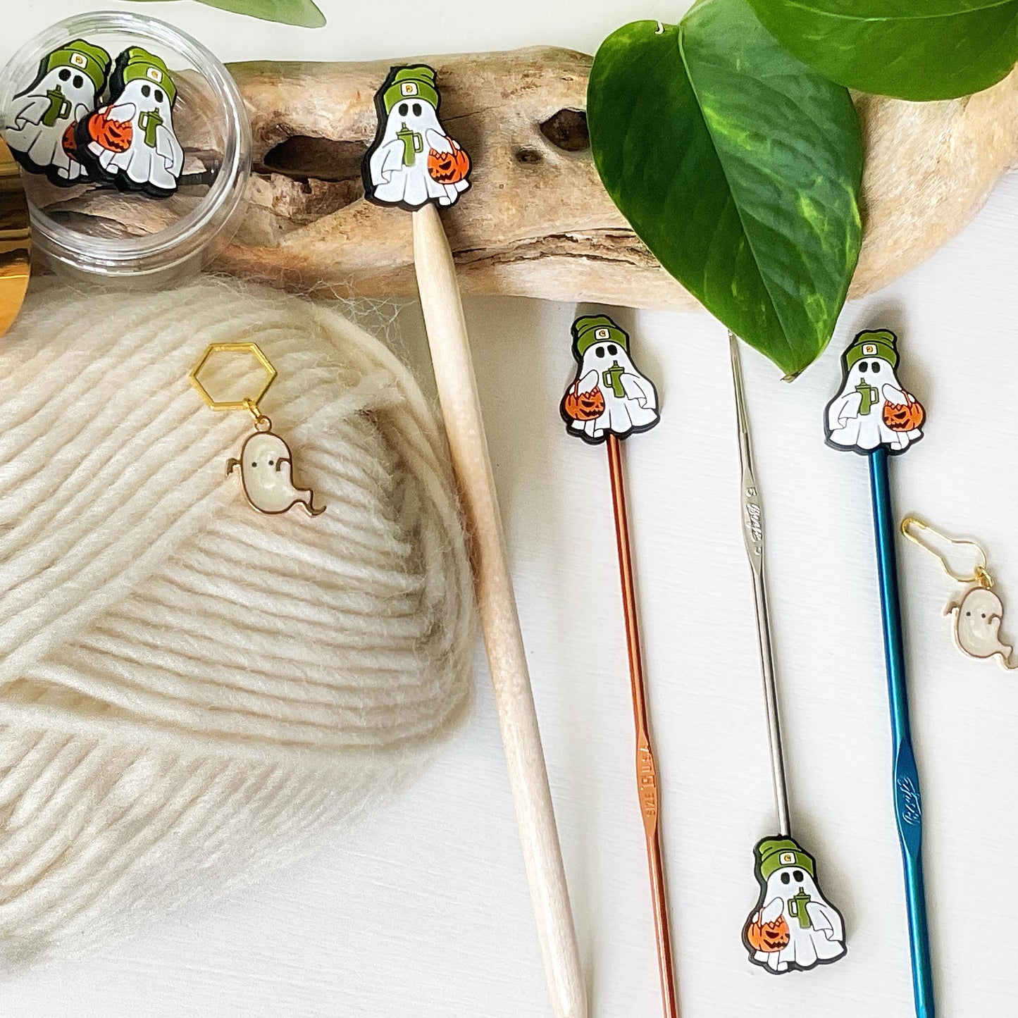 TRICK or TREAT GHOST stitch stoppers + ghost stitch marker, Magic 4 Halloween or any time, Fun for Knitters + crocheters, keep stitches safe
