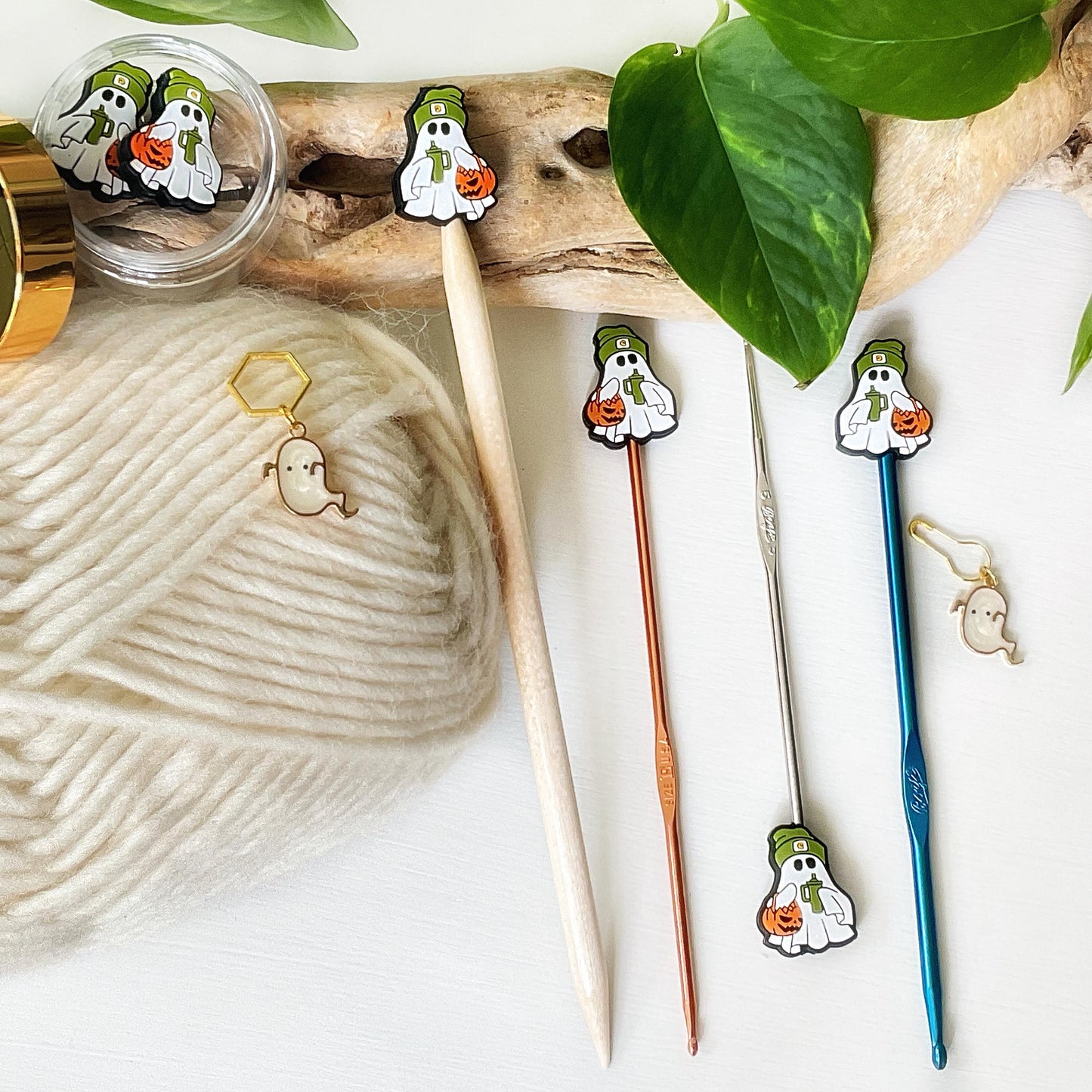 TRICK or TREAT GHOST stitch stoppers + ghost stitch marker, Magic 4 Halloween or any time, Fun for Knitters + crocheters, keep stitches safe