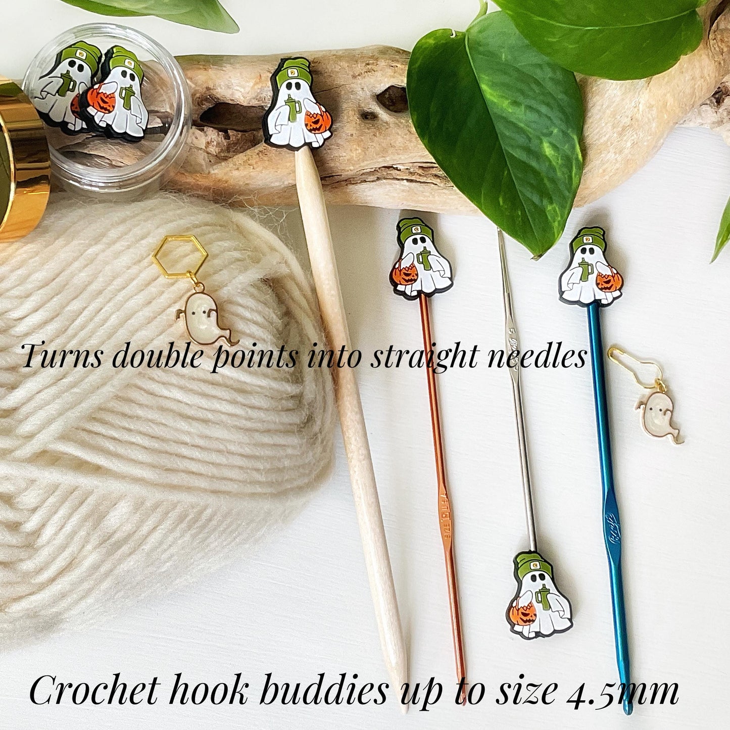 TRICK or TREAT GHOST stitch stoppers + ghost stitch marker, Magic 4 Halloween or any time, Fun for Knitters + crocheters, keep stitches safe