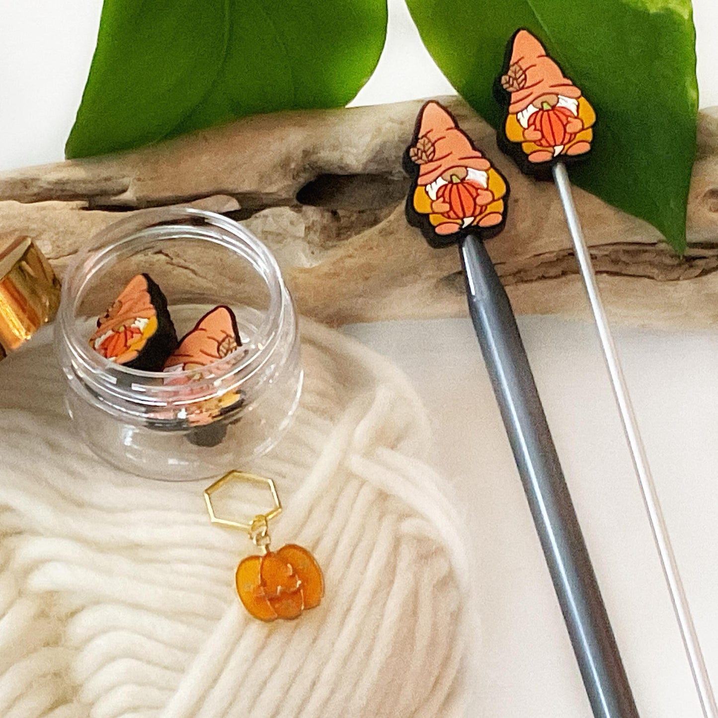 PUMPKIN HUGGING GNOME set of 2 stitch stoppers + pumpkin stitch marker, Crochet hook buddies, Autumn Fun for Knitters + crocheters