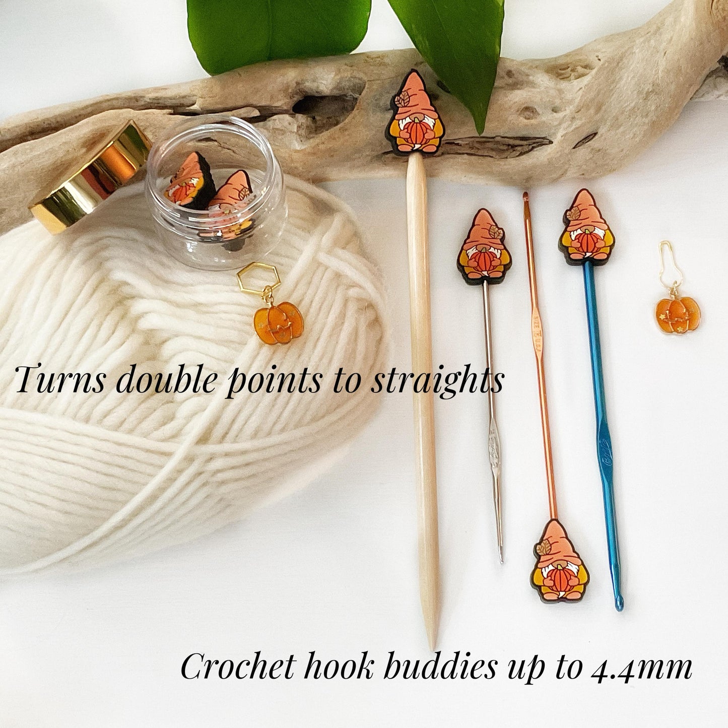 PUMPKIN HUGGING GNOME set of 2 stitch stoppers + pumpkin stitch marker, Crochet hook buddies, Autumn Fun for Knitters + crocheters
