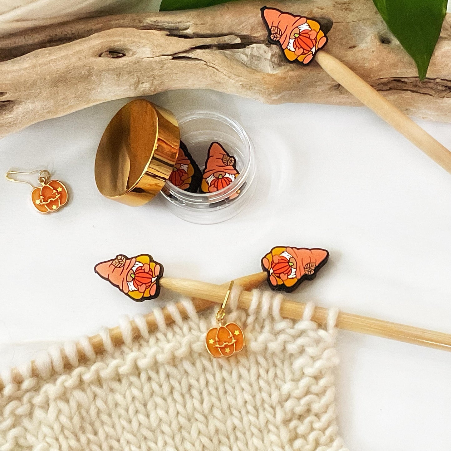 PUMPKIN HUGGING GNOME set of 2 stitch stoppers + pumpkin stitch marker, Crochet hook buddies, Autumn Fun for Knitters + crocheters