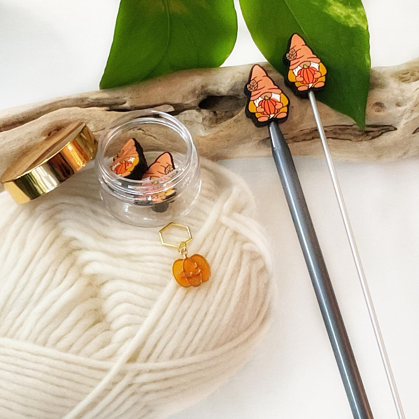 PUMPKIN HUGGING GNOME set of 2 stitch stoppers + pumpkin stitch marker, Crochet hook buddies, Autumn Fun for Knitters + crocheters