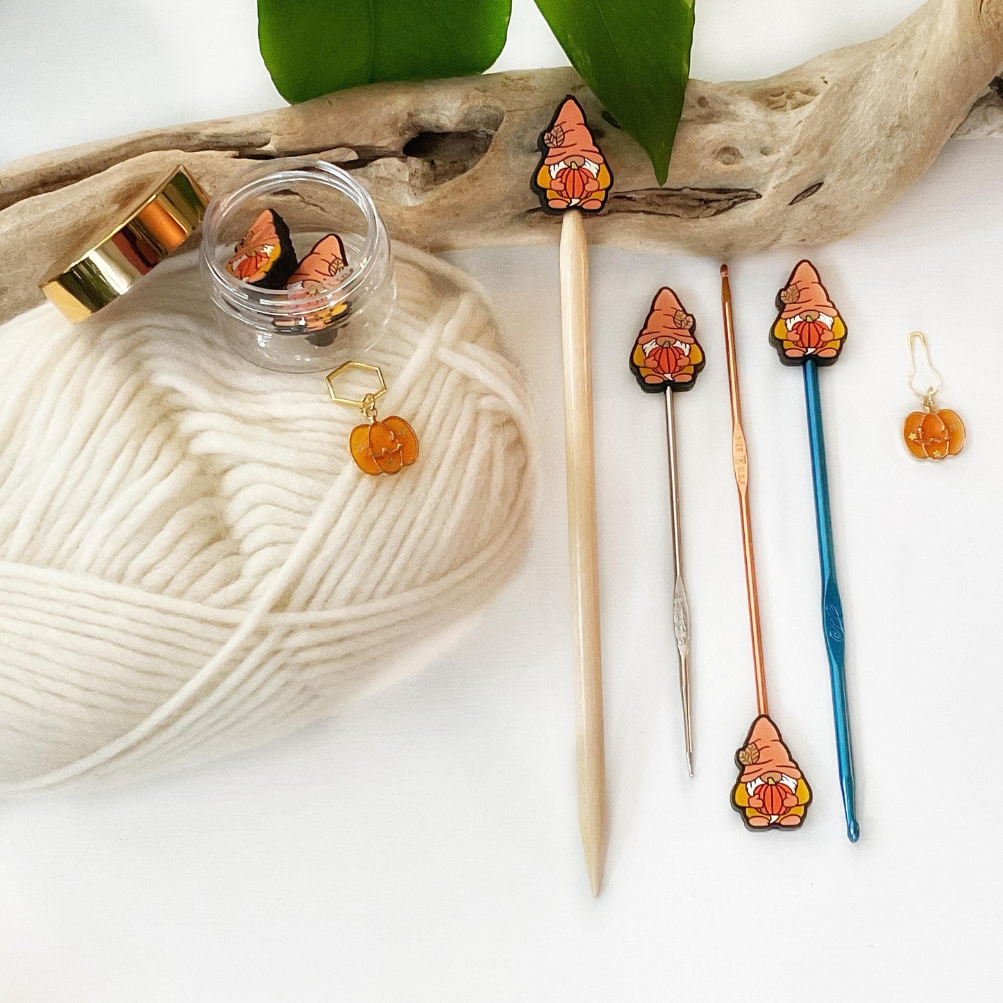 PUMPKIN HUGGING GNOME set of 2 stitch stoppers + pumpkin stitch marker, Crochet hook buddies, Autumn Fun for Knitters + crocheters