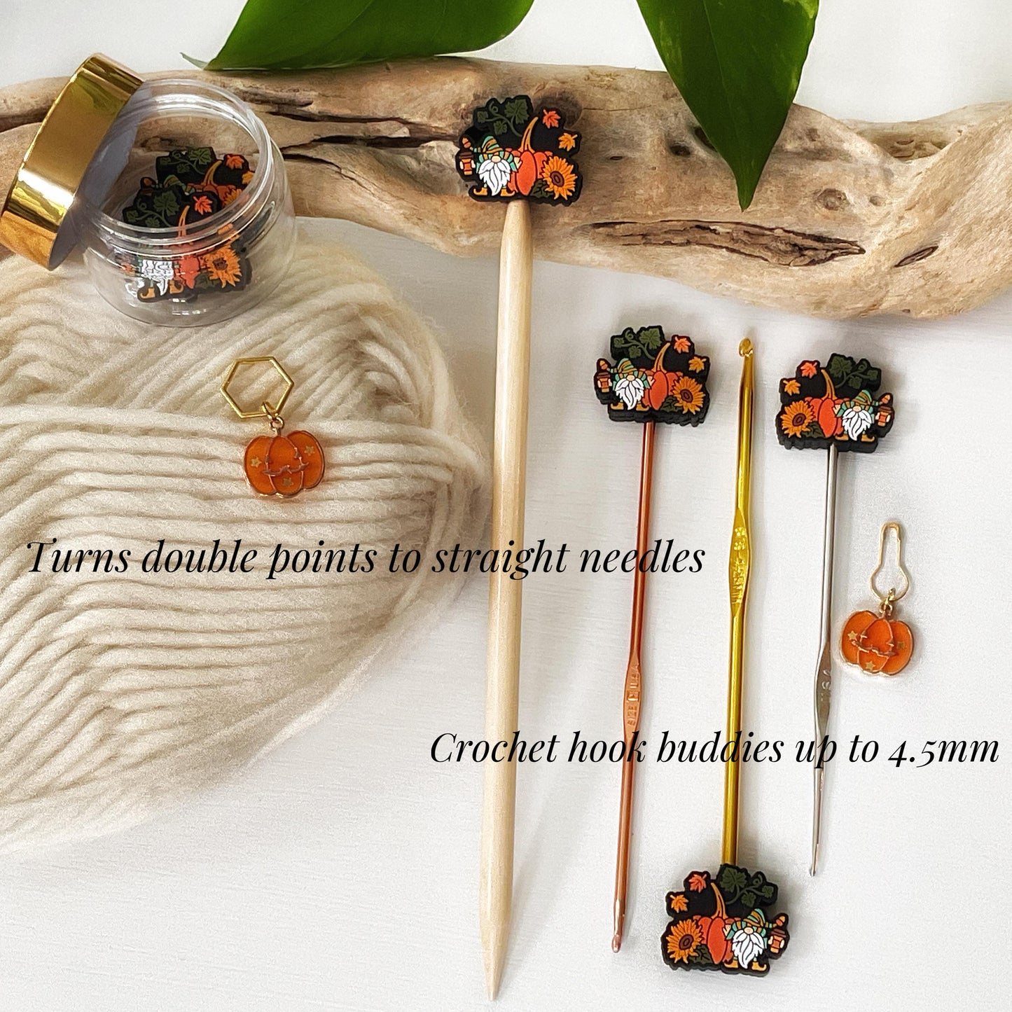 PUMPKIN SPICE GNOME set of 2 stitch stoppers + pumpkin stitch marker, Crochet hook buddies, Autumn loving fun for knitters + crocheters