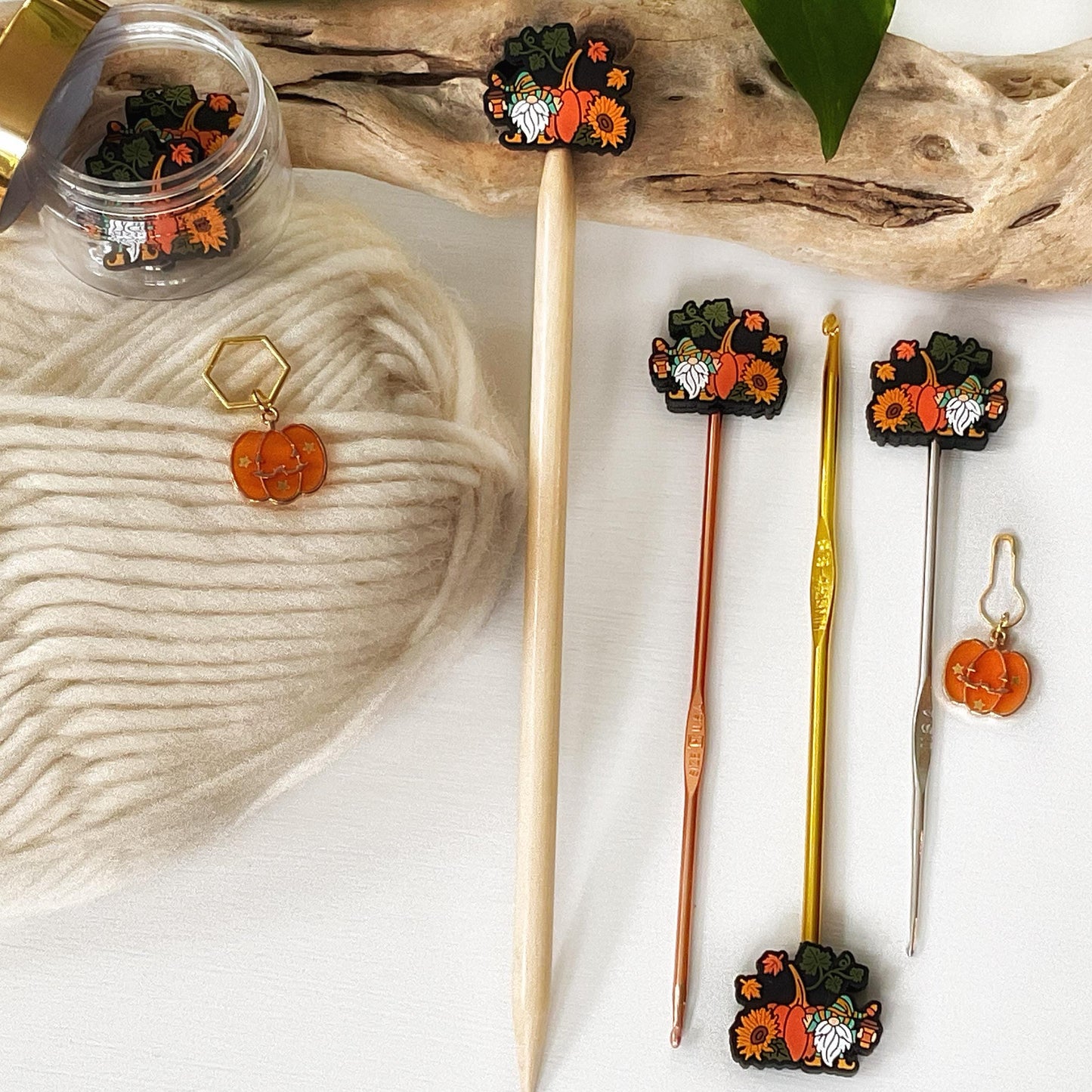 PUMPKIN SPICE GNOME set of 2 stitch stoppers + pumpkin stitch marker, Crochet hook buddies, Autumn loving fun for knitters + crocheters