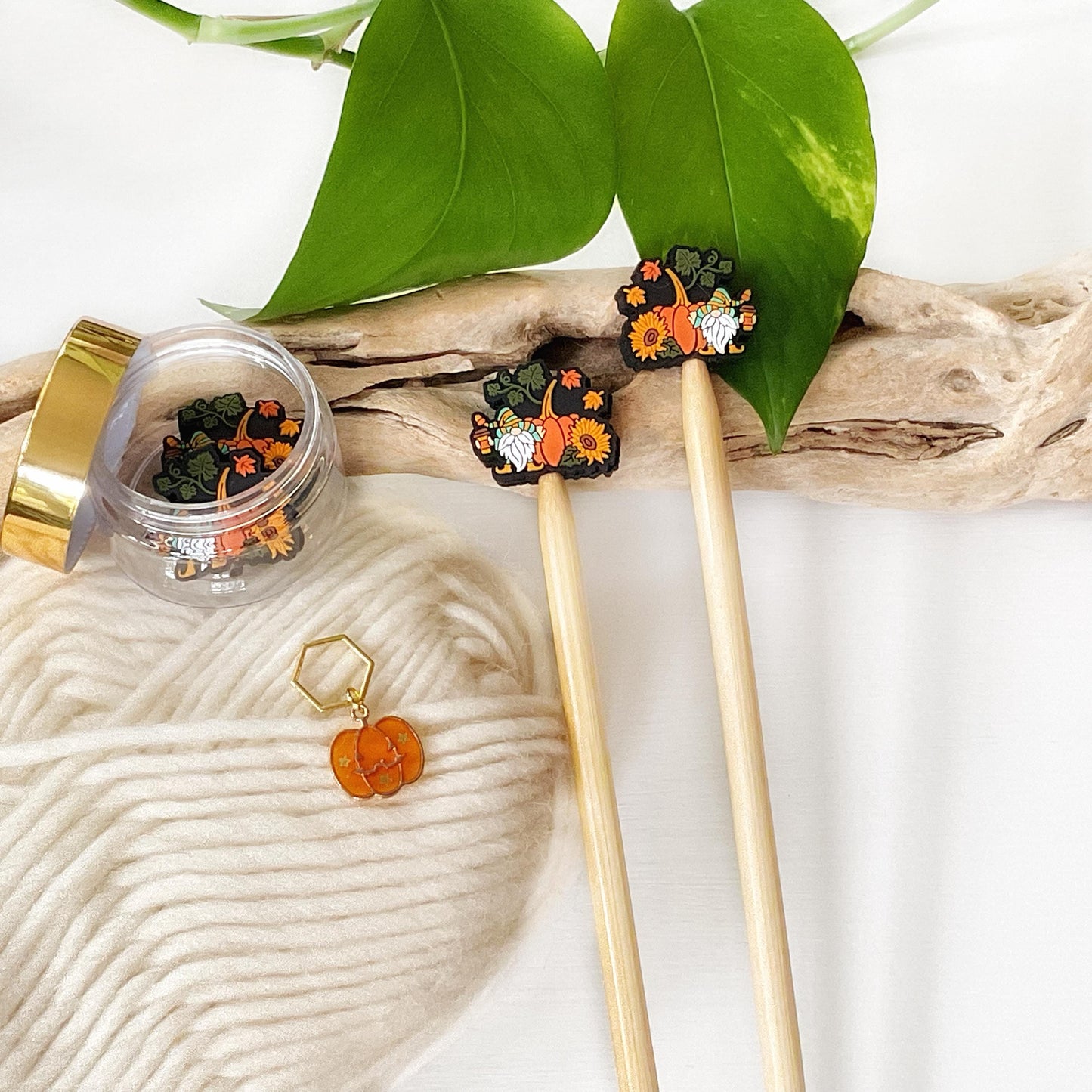 PUMPKIN SPICE GNOME set of 2 stitch stoppers + pumpkin stitch marker, Crochet hook buddies, Autumn loving fun for knitters + crocheters