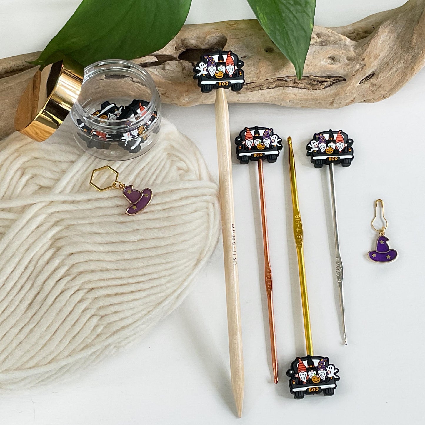 HALLOWEEN GNOME MOBILE set of 2 stitch stoppers + witch hat stitch marker, Crochet hook buddies, Autumn loving fun for knitters + crocheters