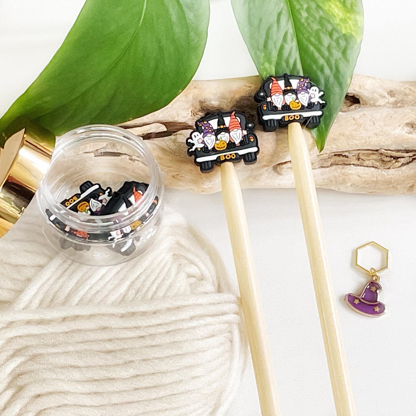 HALLOWEEN GNOME MOBILE set of 2 stitch stoppers + witch hat stitch marker, Crochet hook buddies, Autumn loving fun for knitters + crocheters