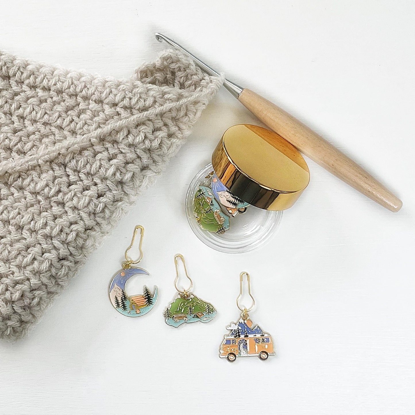 CELEBRATE the OUTDOORS, CAMPING themed set of 3 stitch markers + elegant jar w/ lid for knit + crochet, choose your findings
