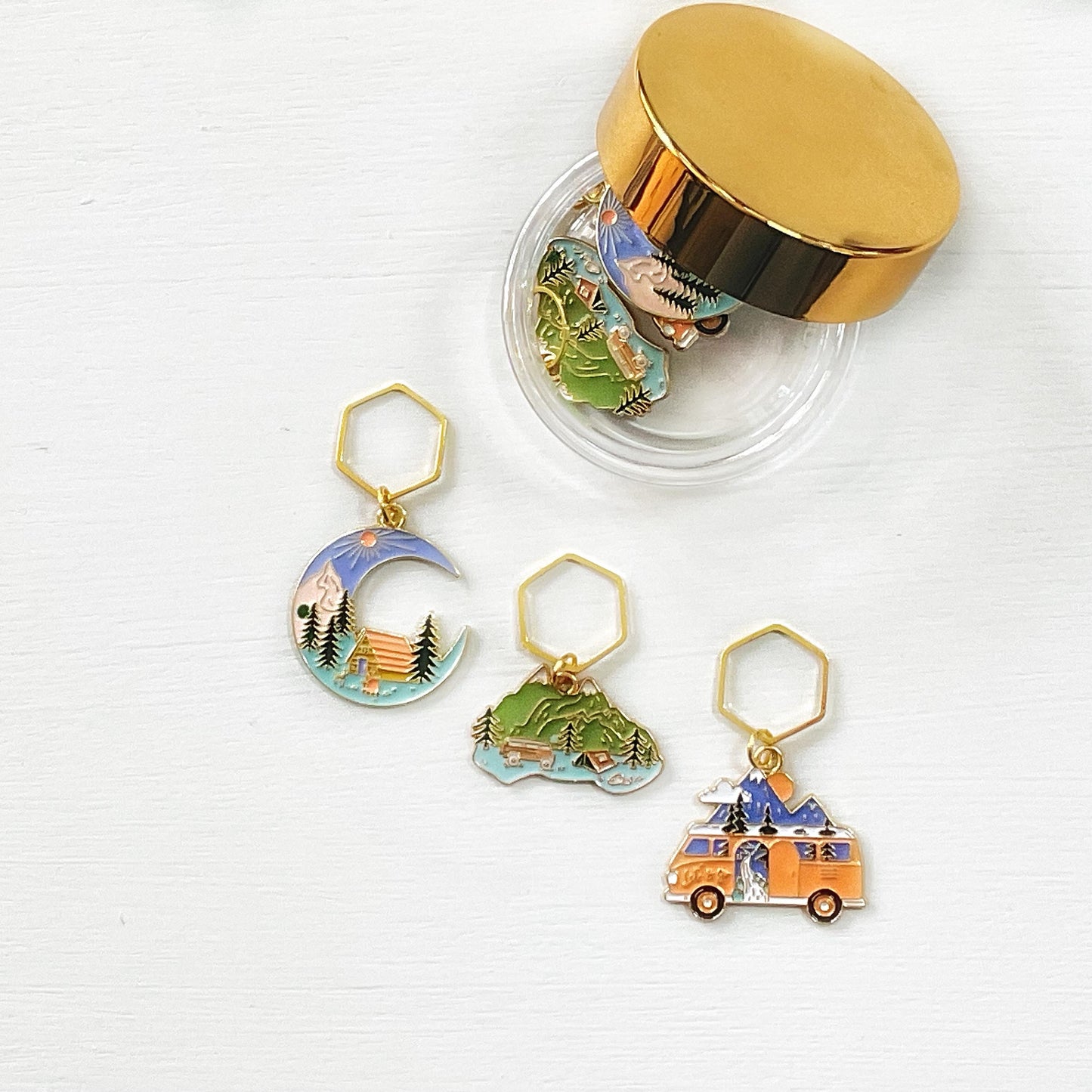 CELEBRATE the OUTDOORS, CAMPING themed set of 3 stitch markers + elegant jar w/ lid for knit + crochet, choose your findings