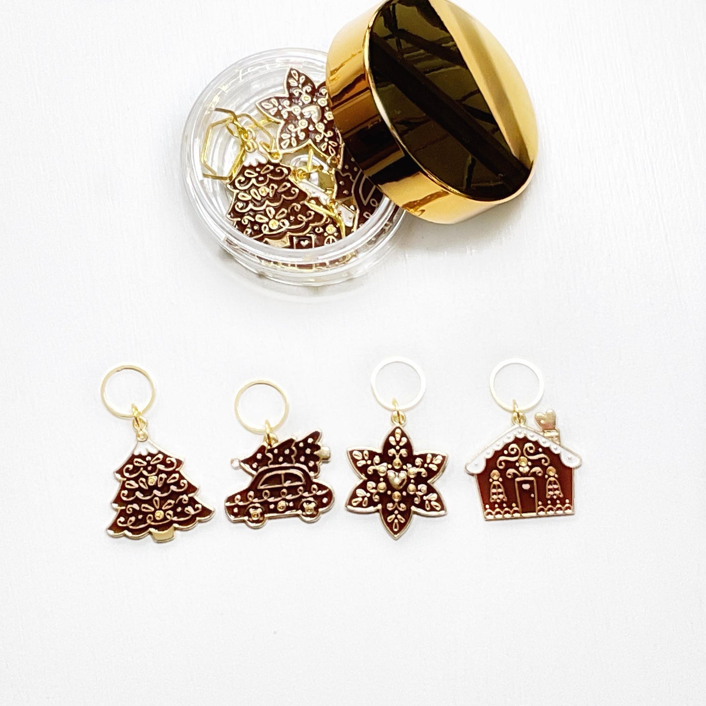 Set of 4 stitch markers, KNIT or CROCHET funny black CAT enamel markers + storage jar + lid, row markers, fun cat antics progress keepers