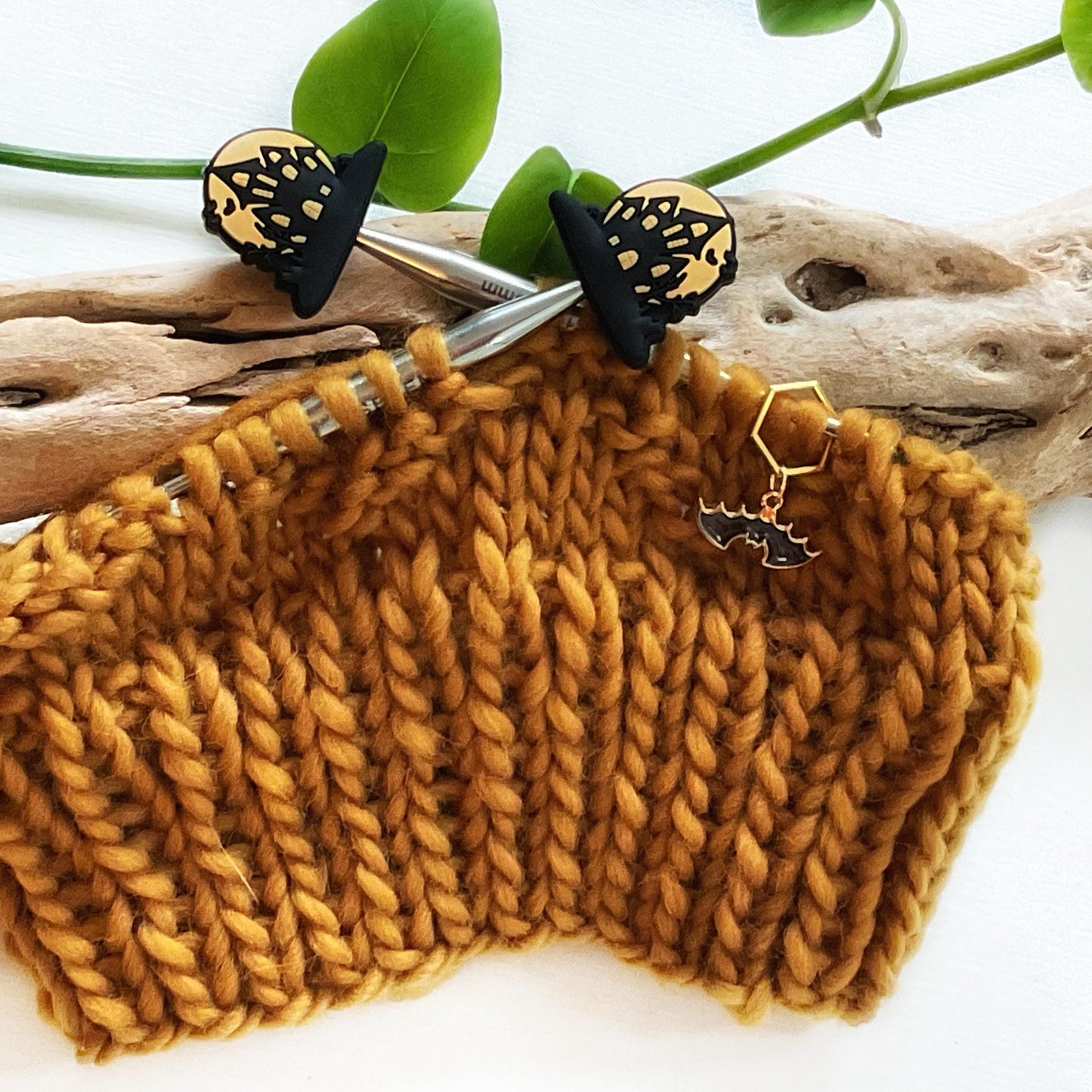 SPOOKY HAUNTED HOUSE Mansion Stitch stoppers + Bat Stitch marker, Set of 2 knitting needle point protectors Knit tools Halloween + Fun Knits