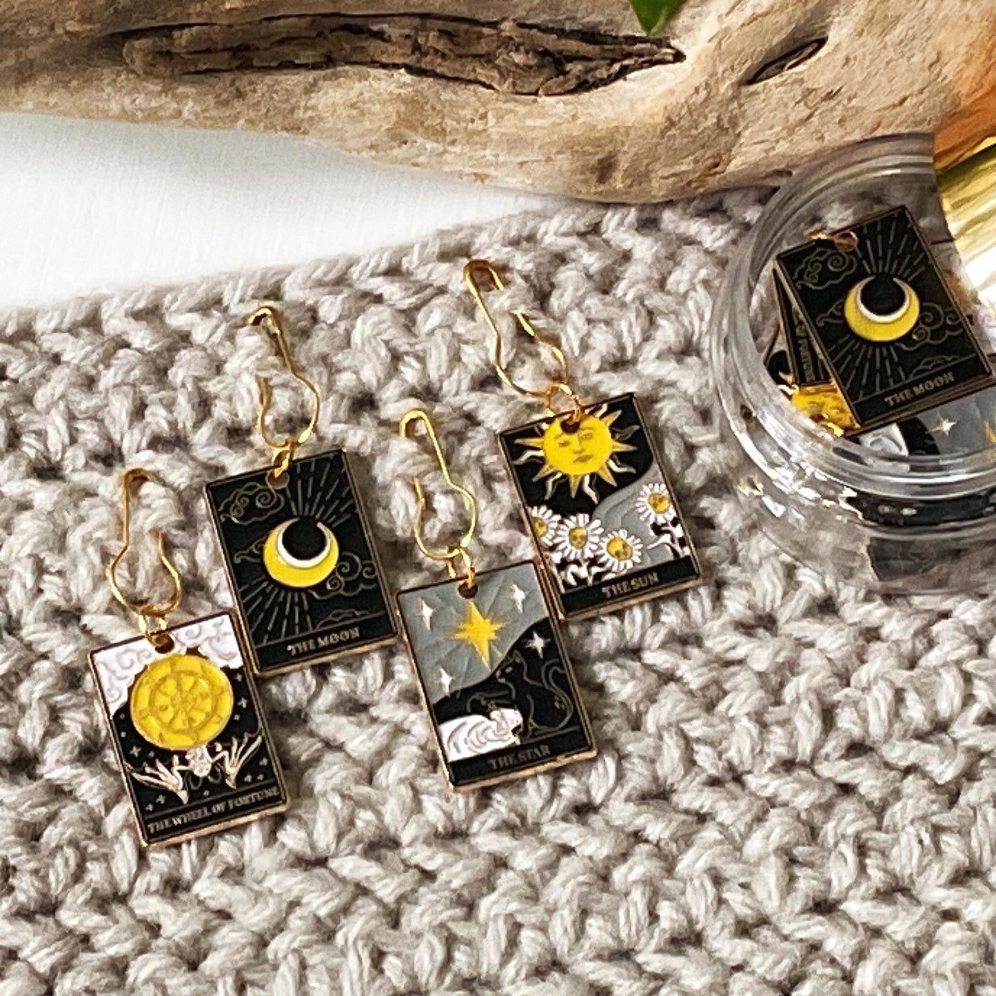 TAROT CARD Set of 4 fixed or removable stitch markers includes storage jar + lid, progress keepers, Moon, Star, Sun, Wheel of Fortune