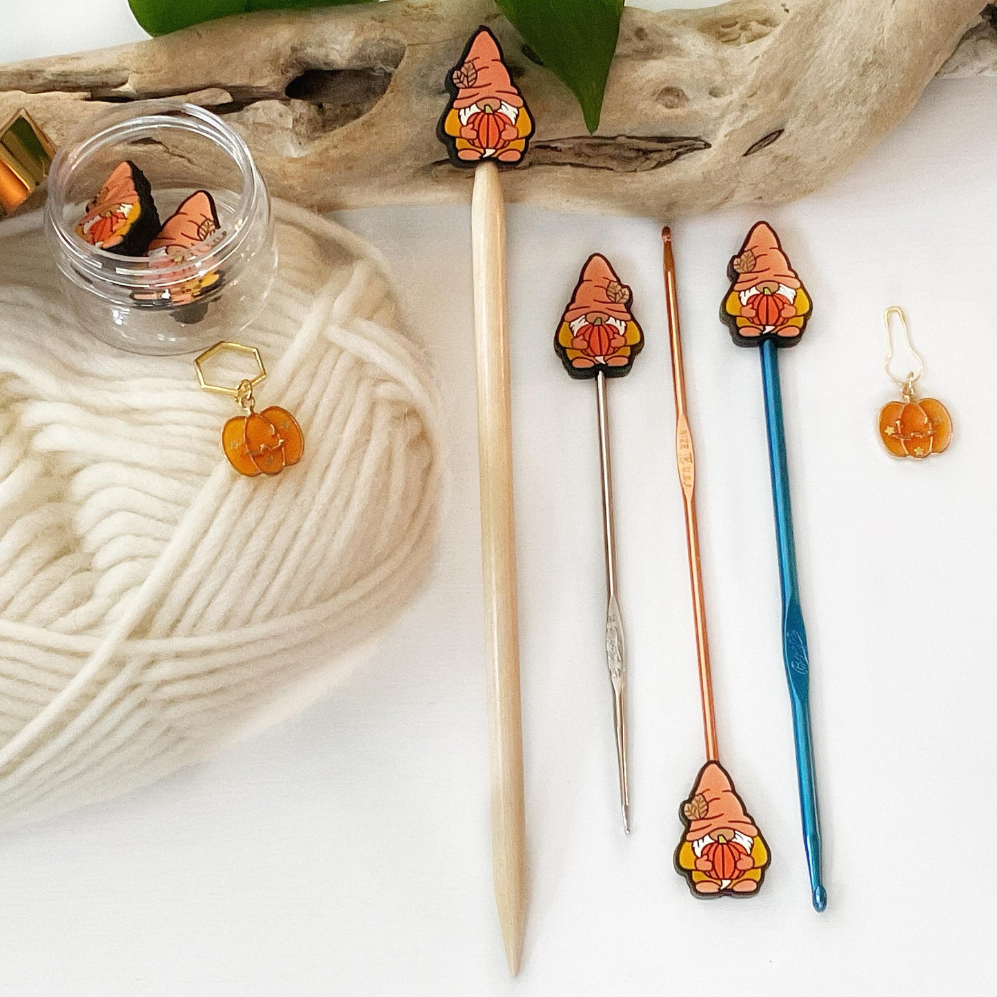 PUMPKIN HUGGING GNOME set of 2 stitch stoppers + pumpkin stitch marker, Crochet hook buddies, Autumn Fun for Knitters + crocheters