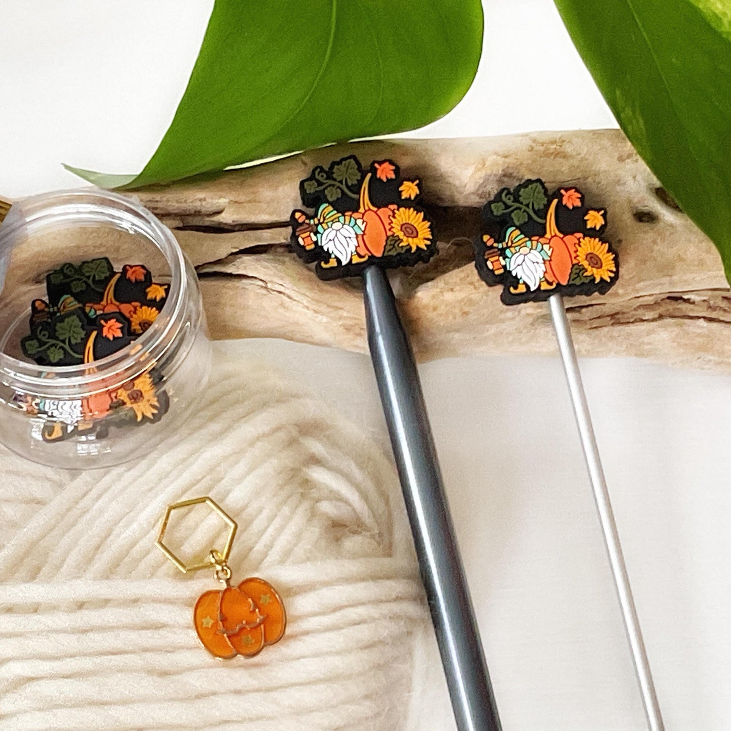 PUMPKIN SPICE GNOME set of 2 stitch stoppers + pumpkin stitch marker, Crochet hook buddies, Autumn loving fun for knitters + crocheters