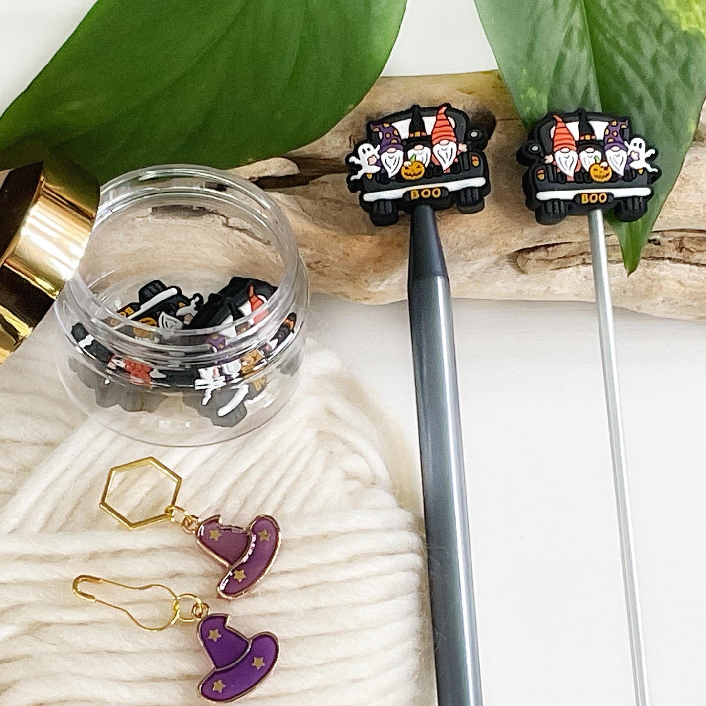 HALLOWEEN GNOME MOBILE set of 2 stitch stoppers + witch hat stitch marker, Crochet hook buddies, Autumn loving fun for knitters + crocheters