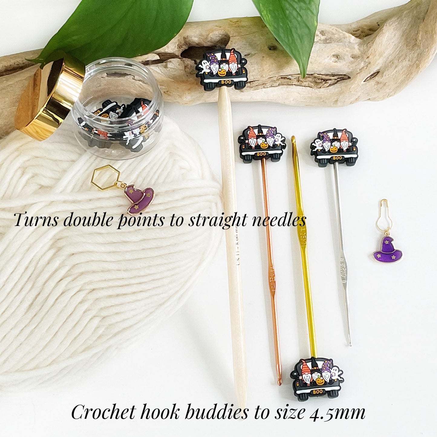 HALLOWEEN GNOME MOBILE set of 2 stitch stoppers + witch hat stitch marker, Crochet hook buddies, Autumn loving fun for knitters + crocheters